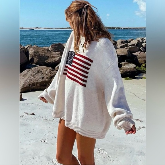 Sweaters - White American Flag Embroidered Stitched Mock Neck Sweatshirt Size Large